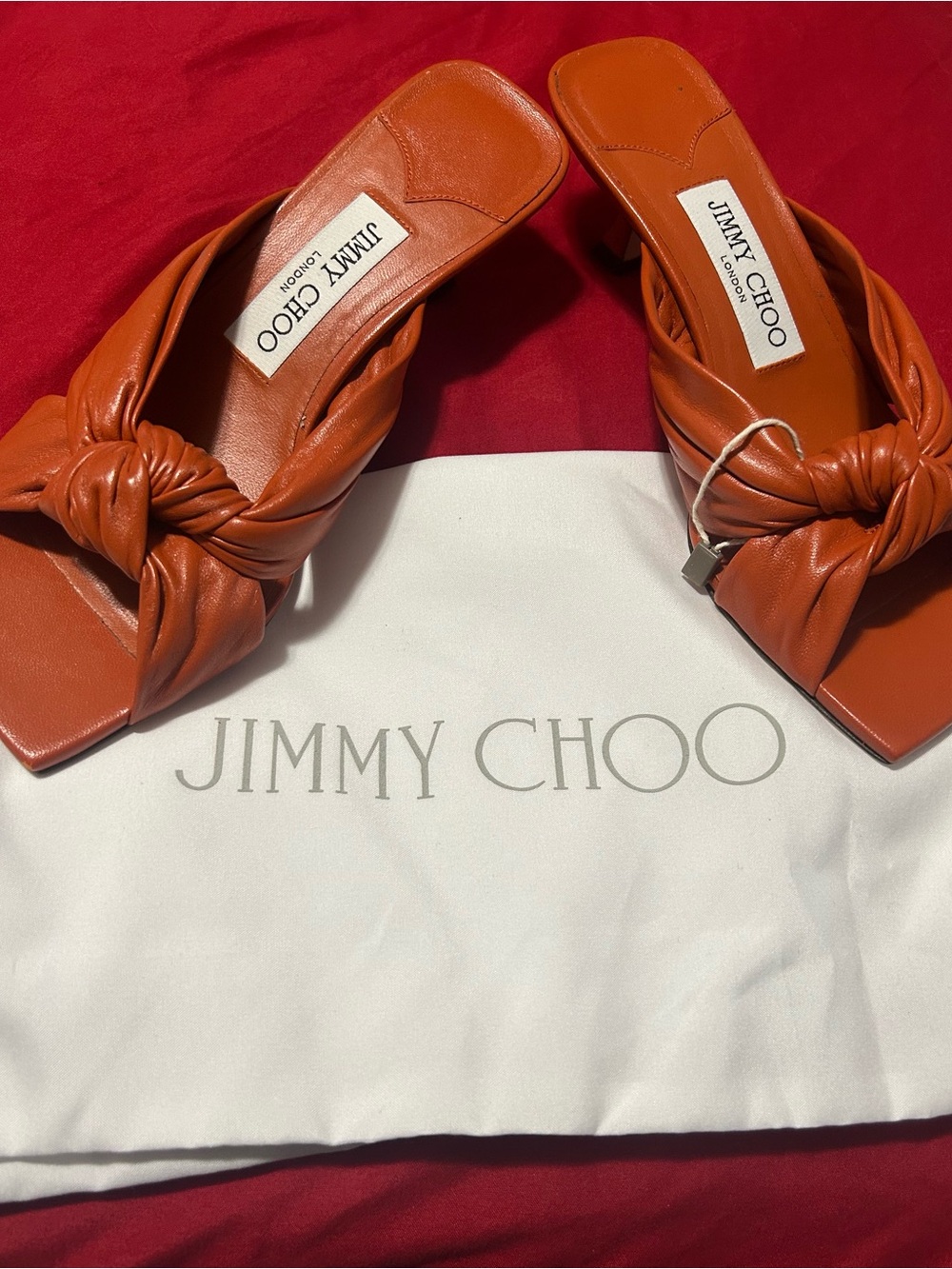 Jimmy Choo Orange Knotted Leather Slide Mules